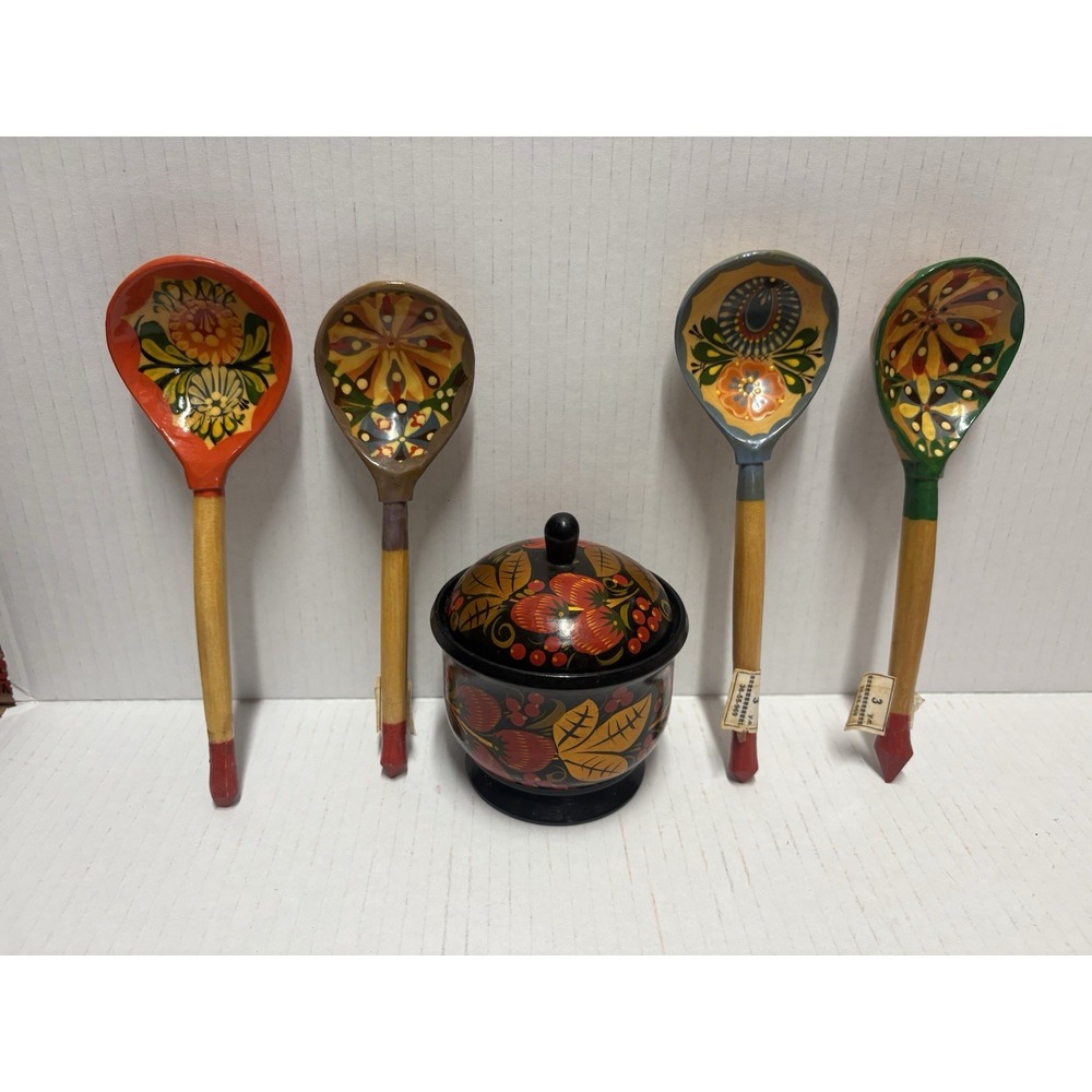 Russian Khokhloma Jar  4 in tall Lidded Wood Lacquer‎ plus 4 spoons - Picture 2 of 11